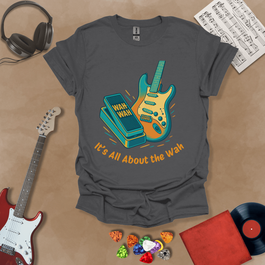 Gray t-shirt with bright color graphic guitar and wah wah pedal with text "It's all about the wah". 