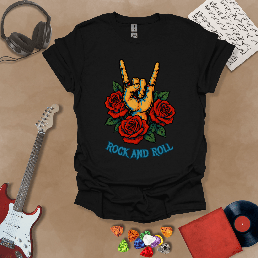 Black t-shirt with orange hand in devil horns gesture, surrounded by red roses, text “Rock and Roll.”