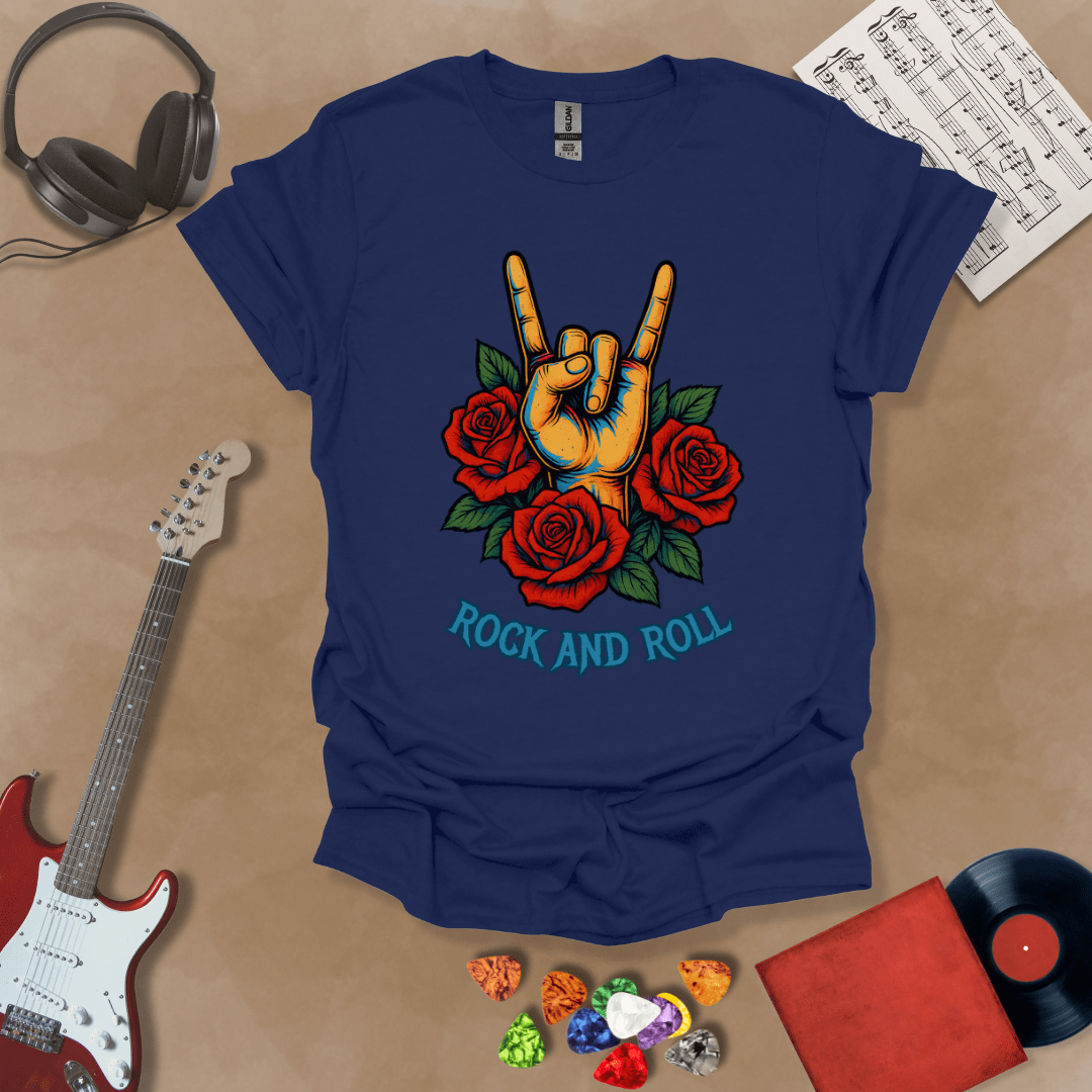 Navy t-shirt with orange hand in devil horns gesture, surrounded by red roses, text “Rock and Roll.”
