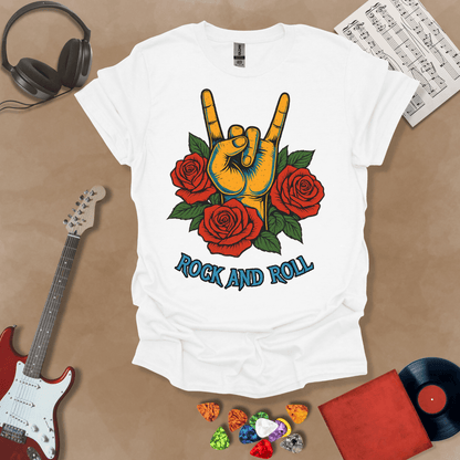 White t-shirt with orange hand in devil horns gesture, surrounded by red roses, text “Rock and Roll.”