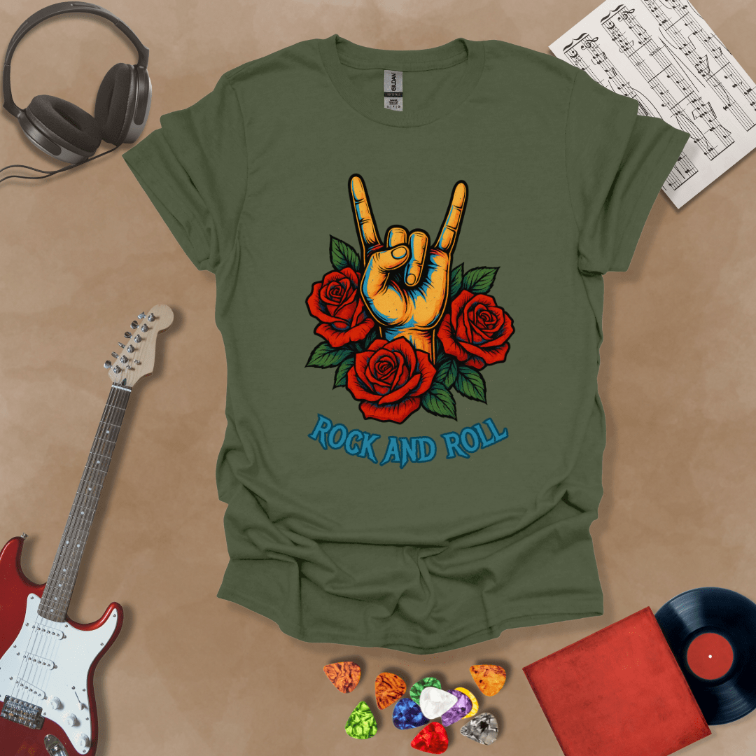Green t-shirt with orange hand in devil horns gesture, surrounded by red roses, text “Rock and Roll.”