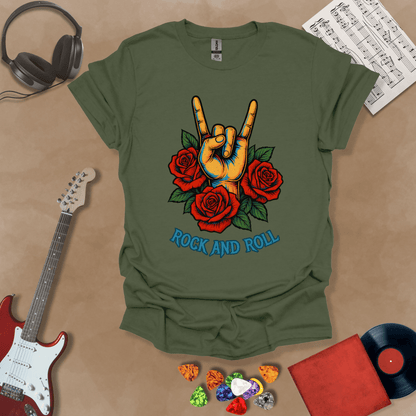 Green t-shirt with orange hand in devil horns gesture, surrounded by red roses, text “Rock and Roll.”