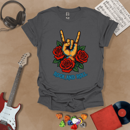 Gray t-shirt with orange hand in devil horns gesture, surrounded by red roses, text “Rock and Roll.”