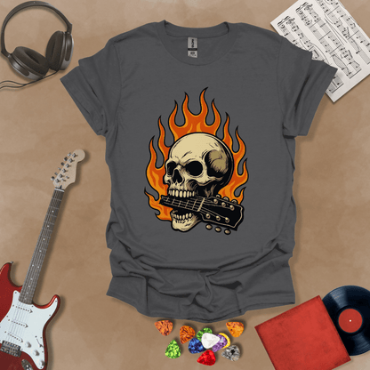 Gray t-shirt with flaming skull graphic biting a guitar neck.