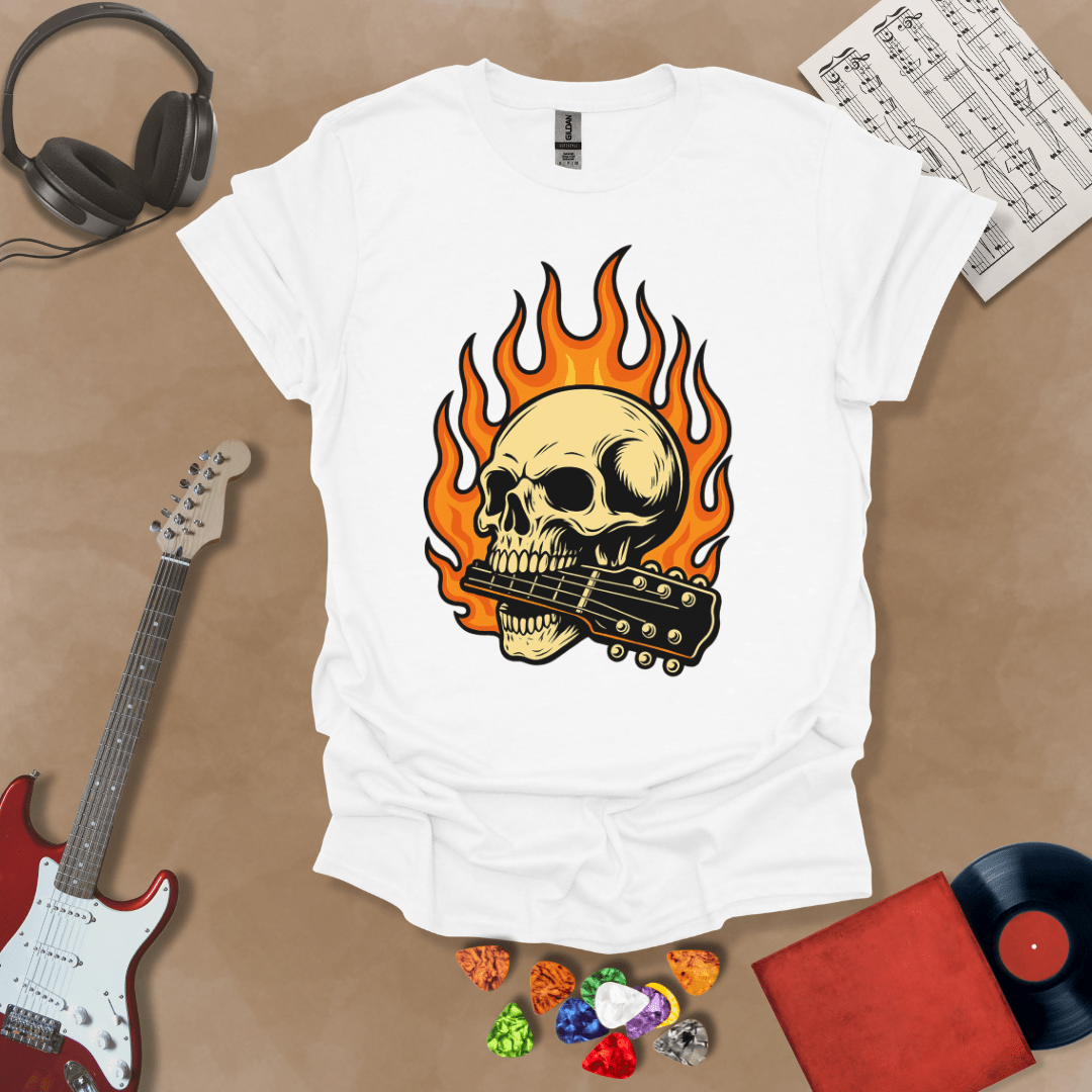 White t-shirt with flaming skull graphic biting a guitar neck.