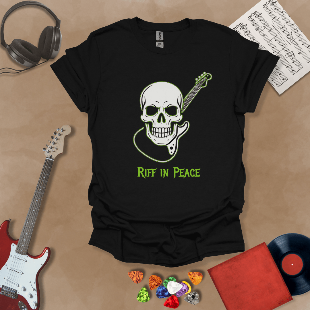 Black  t-shirt with neon green skull graphic holding guitar neck, text “Riff in Peace.”