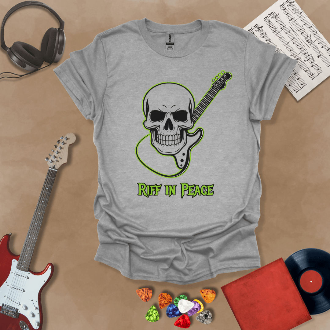 Gray t-shirt with neon green skull graphic holding guitar neck, text “Riff in Peace.”
