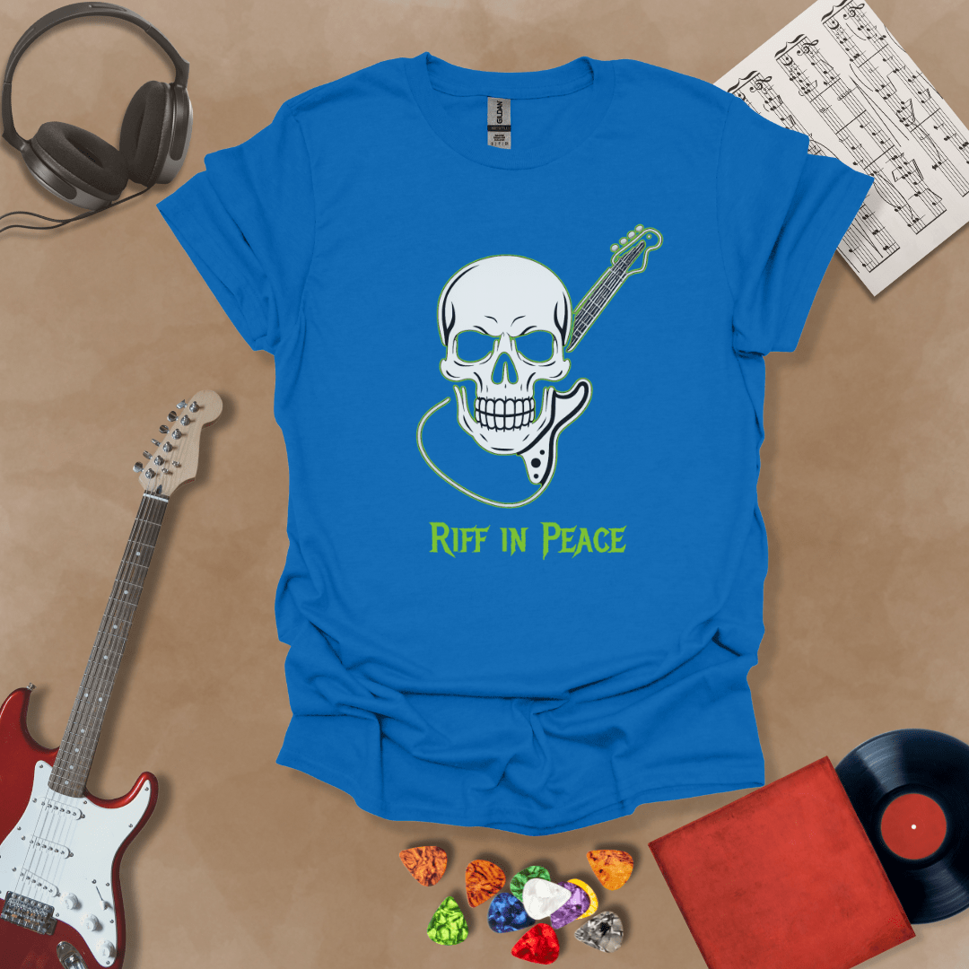 Blue  t-shirt with neon green skull graphic holding guitar neck, text “Riff in Peace.”