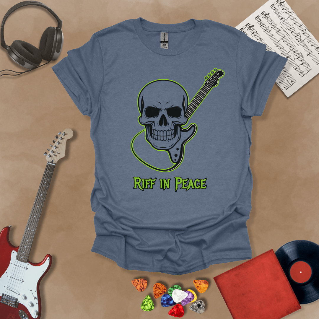 Blue t-shirt with neon green skull graphic holding guitar neck, text “Riff in Peace.”
