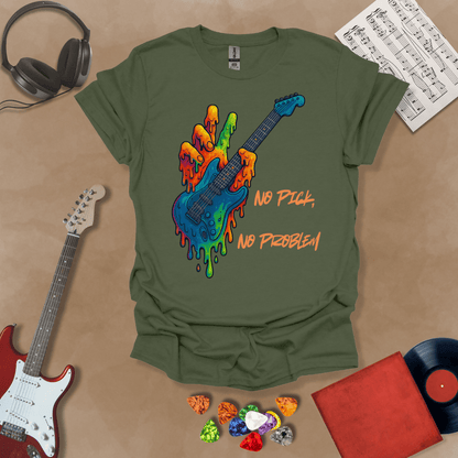 Green t-shirt with psychedelic rainbow hand melting into a guitar, text “No Pick, No Problem.”