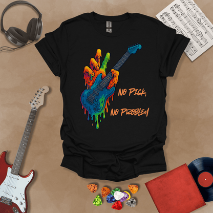 Black t-shirt with psychedelic rainbow hand melting into a guitar, text “No Pick, No Problem.”