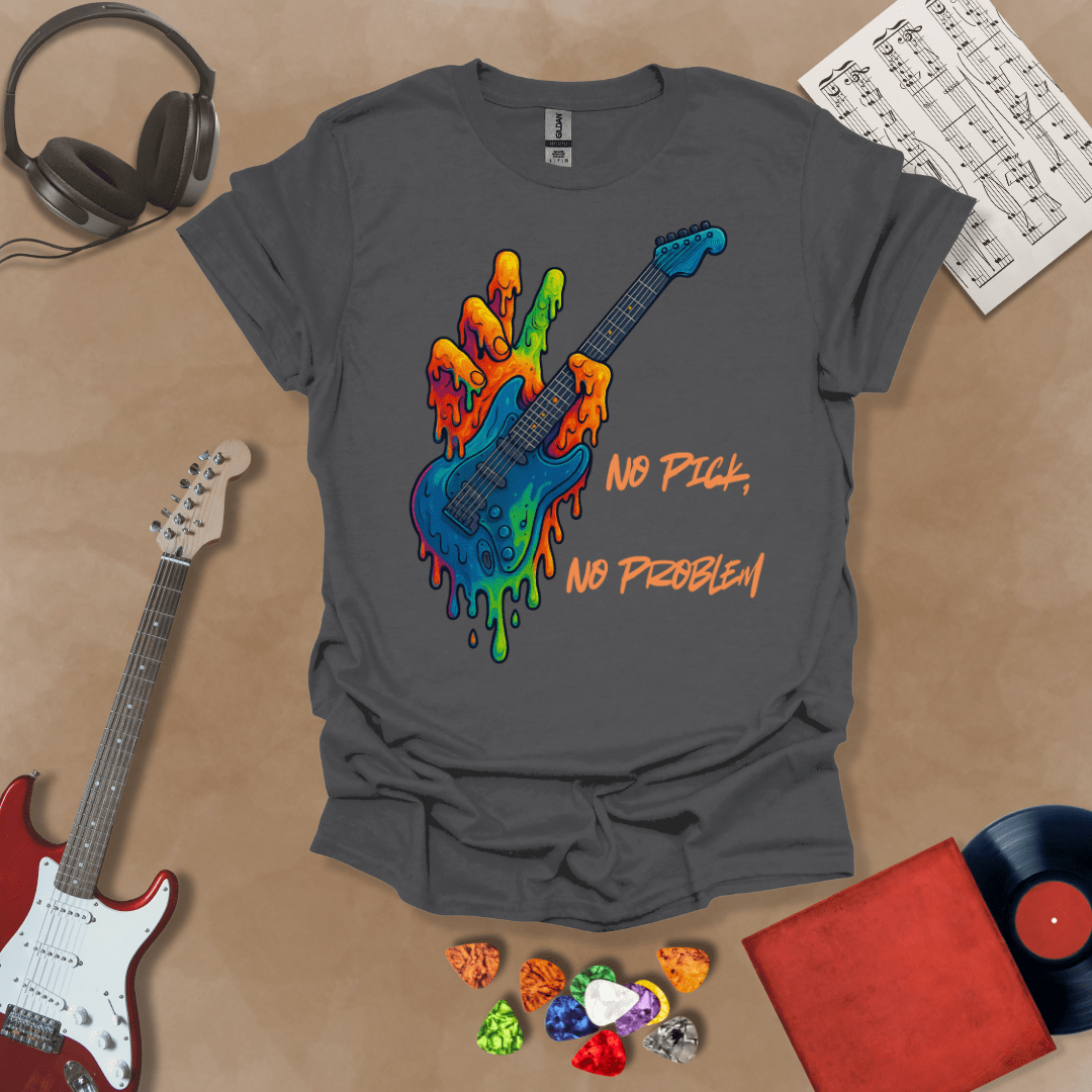 Gray t-shirt with psychedelic rainbow hand melting into a guitar, text “No Pick, No Problem.”