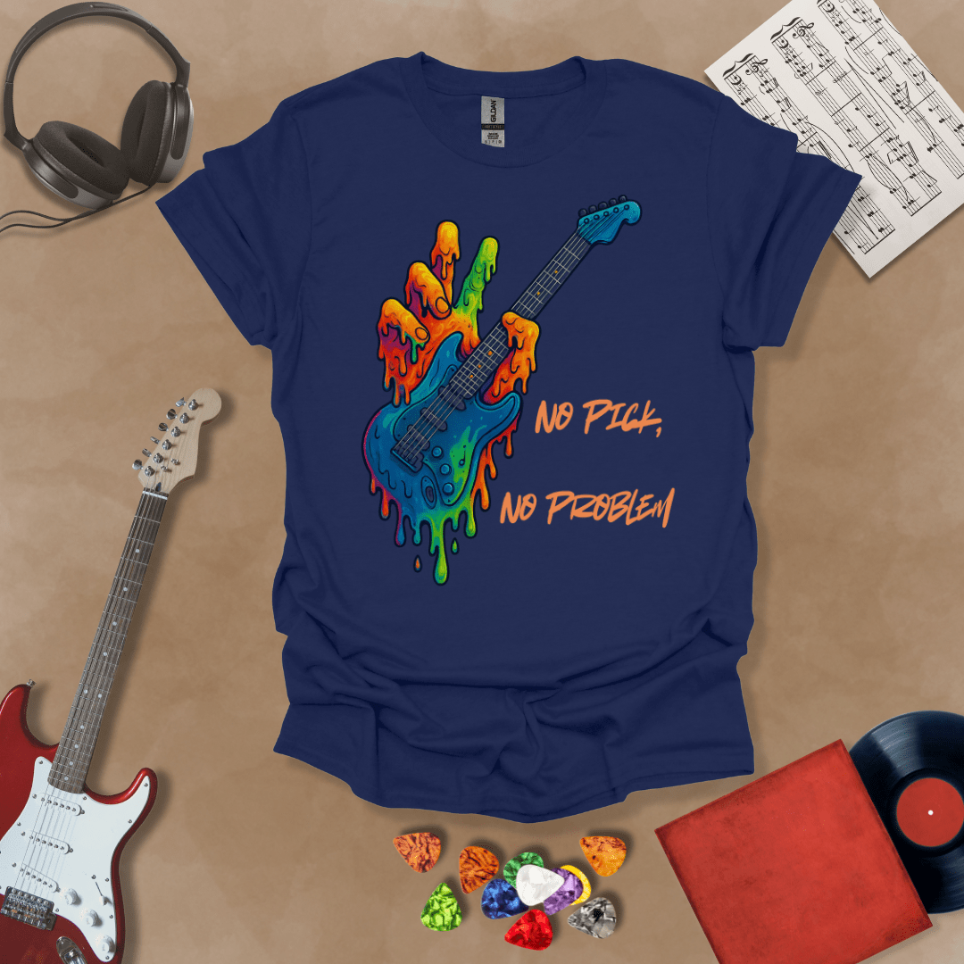 Navy t-shirt with psychedelic rainbow hand melting into a guitar, text “No Pick, No Problem.”