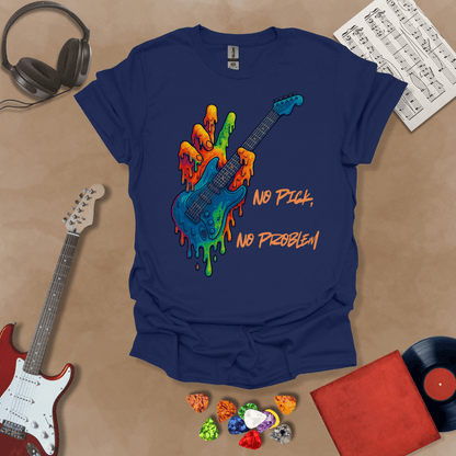 Navy t-shirt with psychedelic rainbow hand melting into a guitar, text “No Pick, No Problem.”