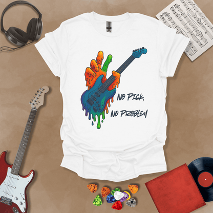 White t-shirt with psychedelic rainbow hand melting into a guitar, text “No Pick, No Problem.”