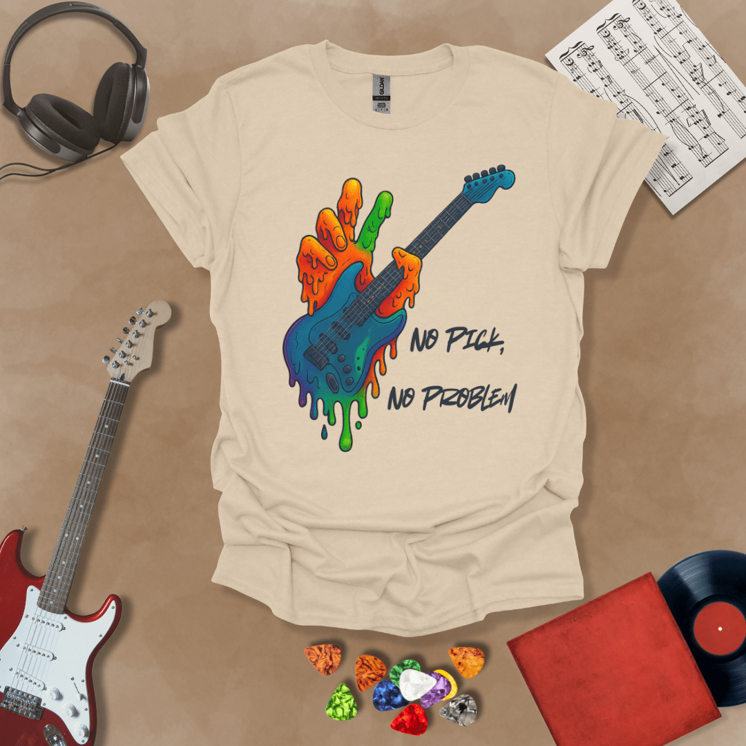 Sand t-shirt with psychedelic rainbow hand melting into a guitar, text “No Pick, No Problem.”