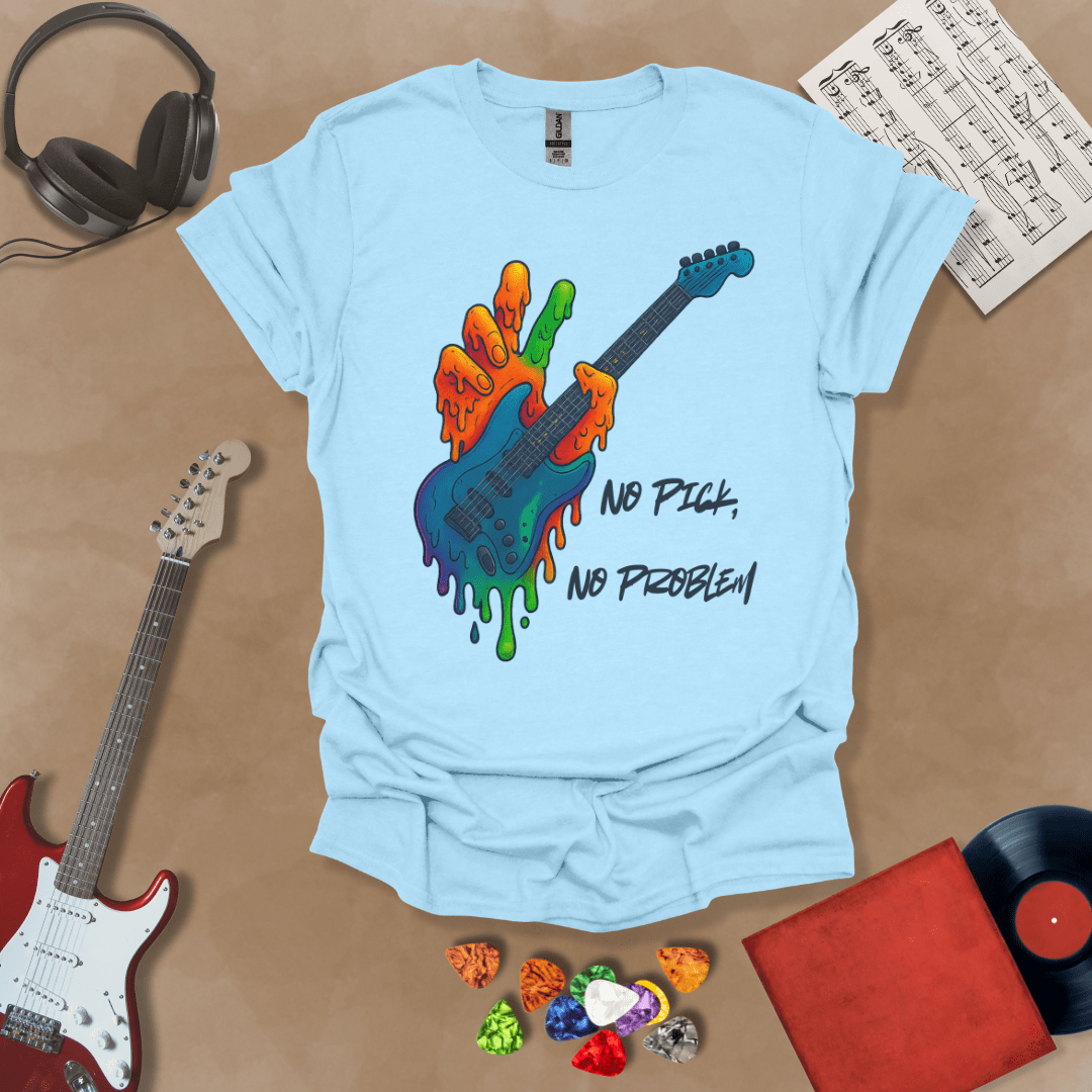 Light Blue t-shirt with psychedelic rainbow hand melting into a guitar, text “No Pick, No Problem.”