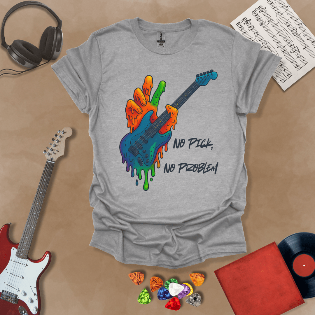Gray t-shirt with psychedelic rainbow hand melting into a guitar, text “No Pick, No Problem.”