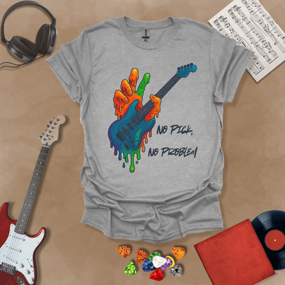 Gray t-shirt with psychedelic rainbow hand melting into a guitar, text “No Pick, No Problem.”