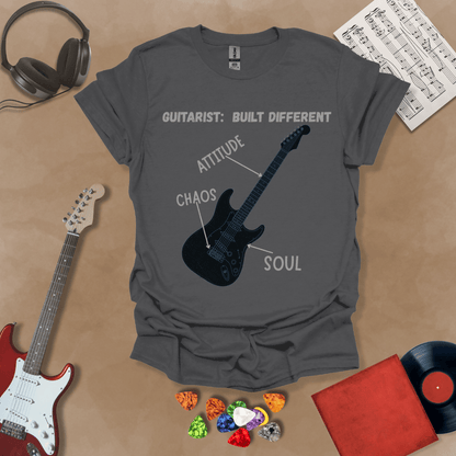 Gray t-shirt with black electric guitar diagram labeled “Attitude, Chaos, Soul,” text “Guitarist: Built Different.”