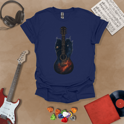 Navy t-shirt with acoustic guitar body filled with galaxy space design, planets and stars visible.