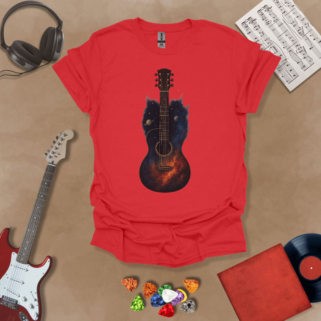 Red t-shirt with acoustic guitar body filled with galaxy space design, planets and stars visible.