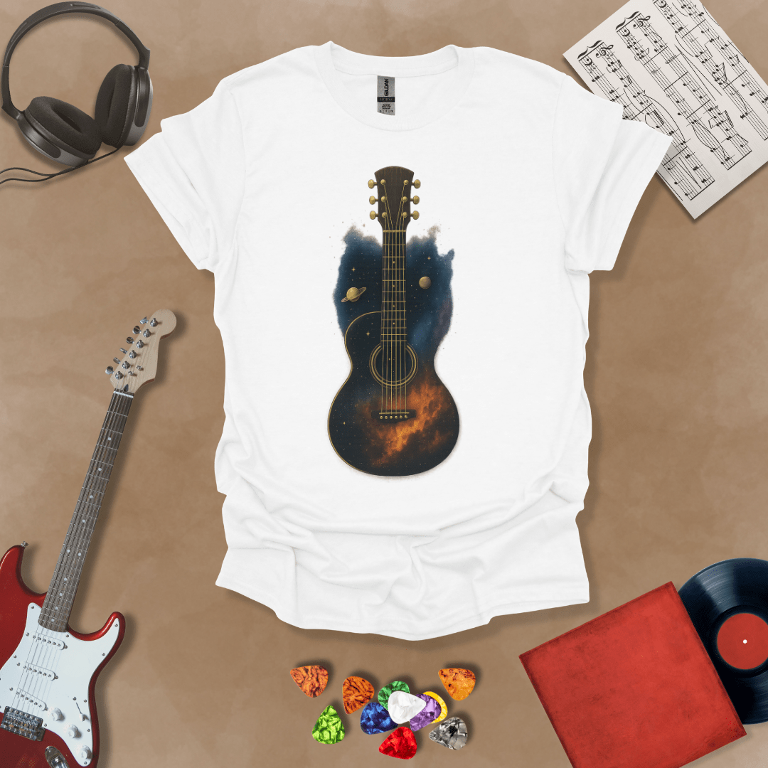 White t-shirt with acoustic guitar body filled with galaxy space design, planets and stars visible.