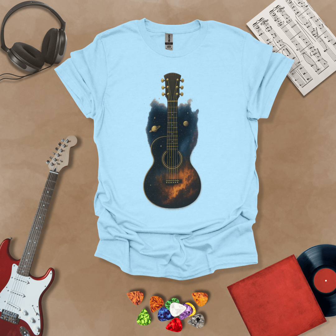 Light Blue t-shirt with acoustic guitar body filled with galaxy space design, planets and stars visible.