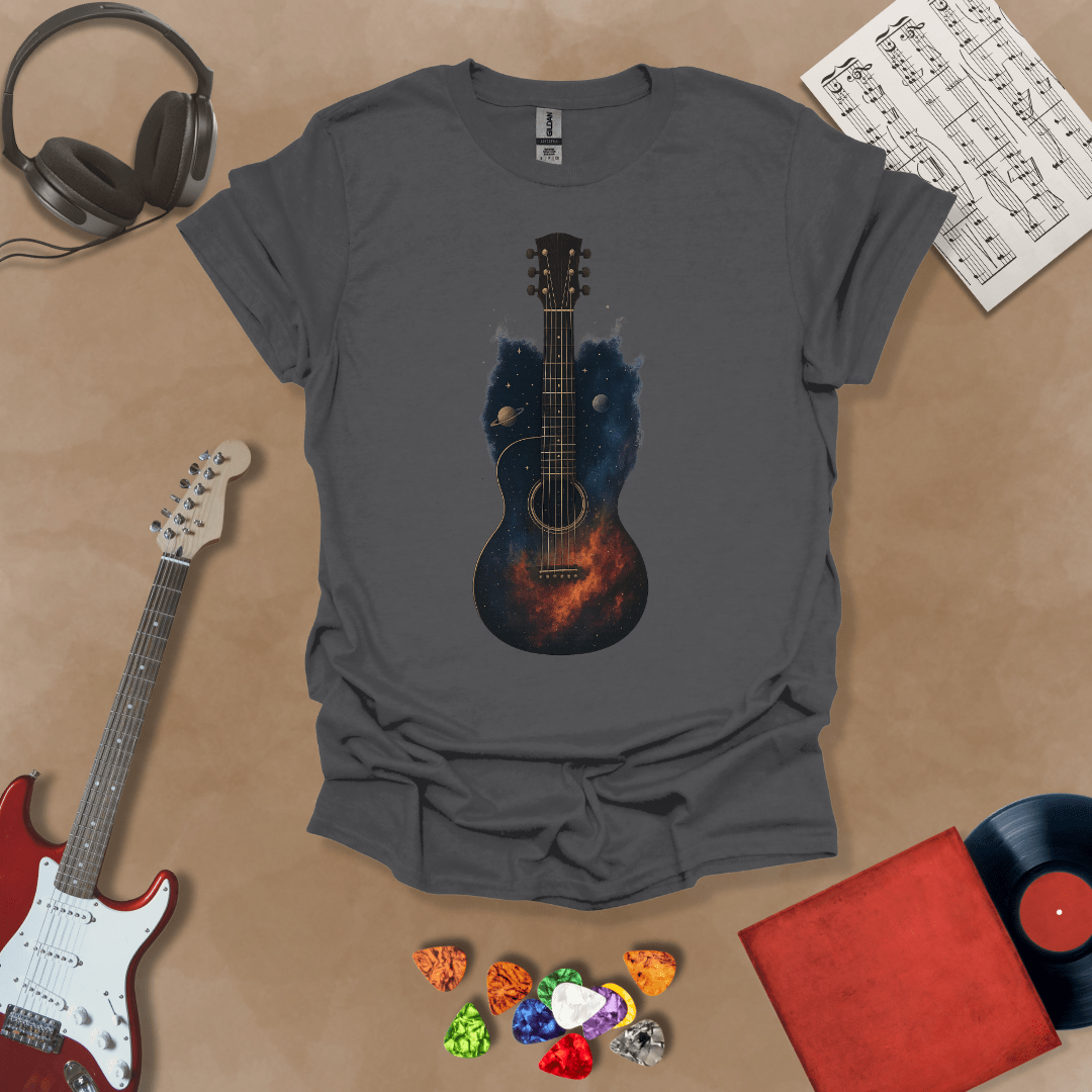 Gray t-shirt with acoustic guitar body filled with galaxy space design, planets and stars visible.