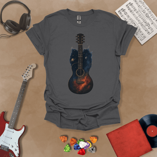 Gray t-shirt with acoustic guitar body filled with galaxy space design, planets and stars visible.
