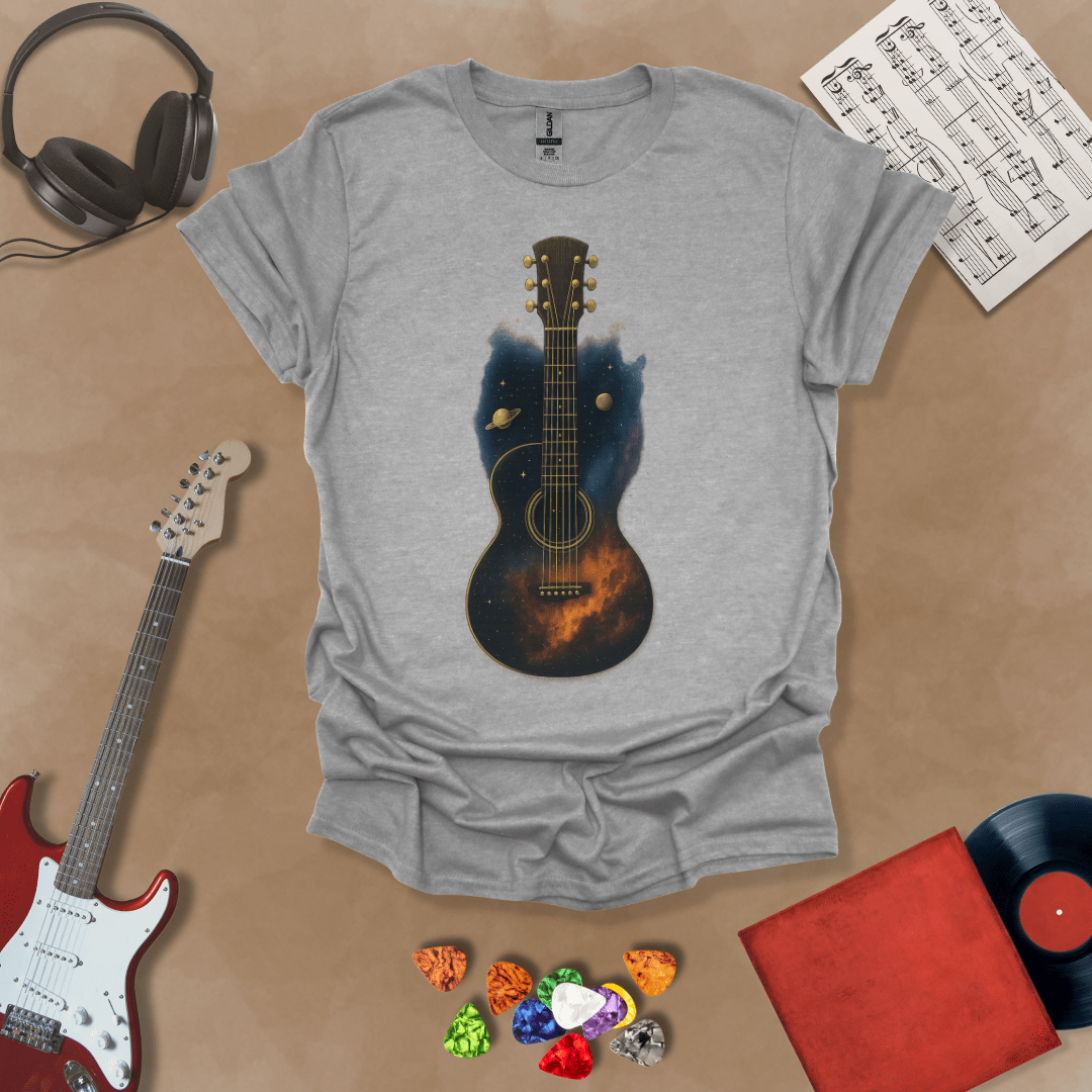 Gray t-shirt with acoustic guitar body filled with galaxy space design, planets and stars visible.