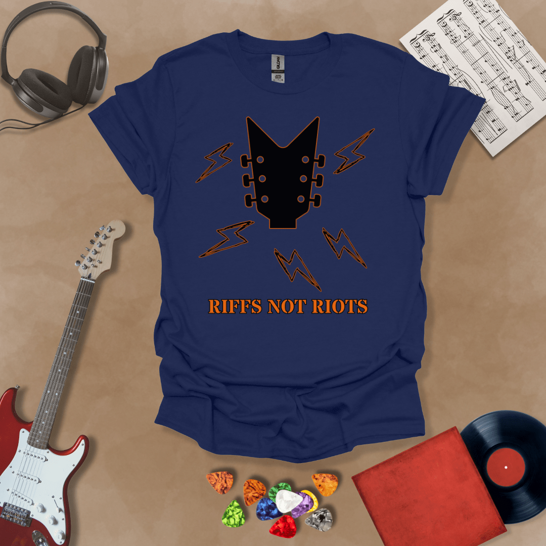 Navy t-shirt with black guitar headstock and orange lightning bolts, text “Riffs Not Riots.”