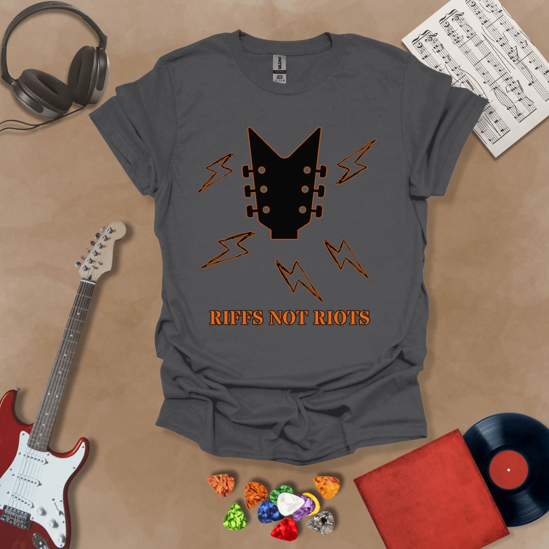 Gray t-shirt with black guitar headstock and orange lightning bolts, text “Riffs Not Riots.”