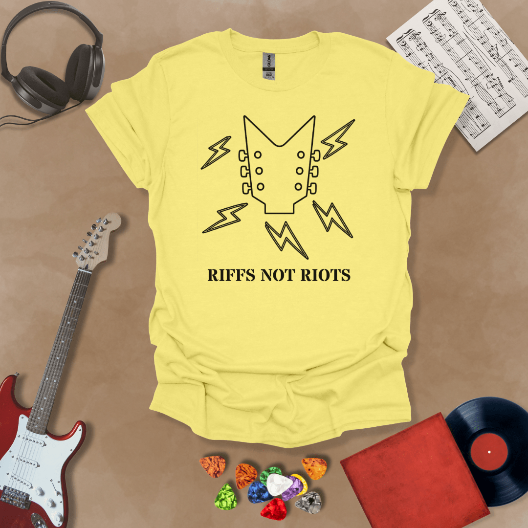Yellow  t-shirt with black outline of guitar headstock and black lightning bolts, text “Riffs Not Riots.”