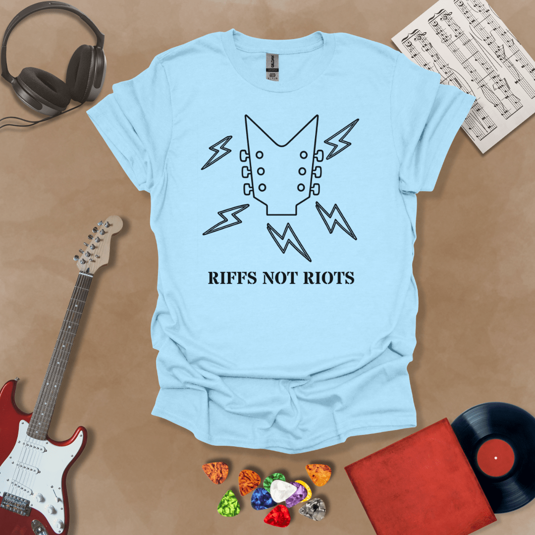 Light blue t-shirt with black outline of guitar headstock and black lightning bolts, text “Riffs Not Riots.”