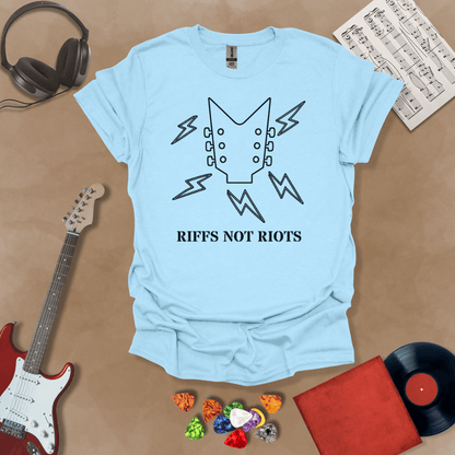 Light blue t-shirt with black outline of guitar headstock and black lightning bolts, text “Riffs Not Riots.”
