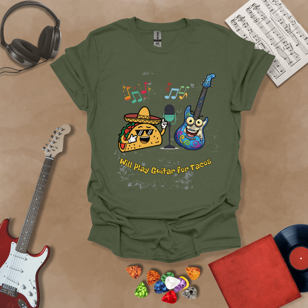 Green t-shirt with cartoon taco wearing sombrero and sunglasses, psychedelic guitar character, text “Will Play Guitar for Tacos.”