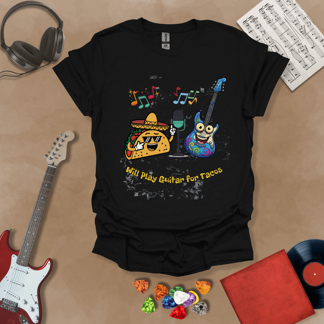 Black t-shirt with cartoon taco wearing sombrero and sunglasses, psychedelic guitar character, text “Will Play Guitar for Tacos.”
