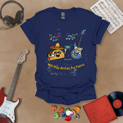 Navy t-shirt with cartoon taco wearing sombrero and sunglasses, psychedelic guitar character, text “Will Play Guitar for Tacos.”