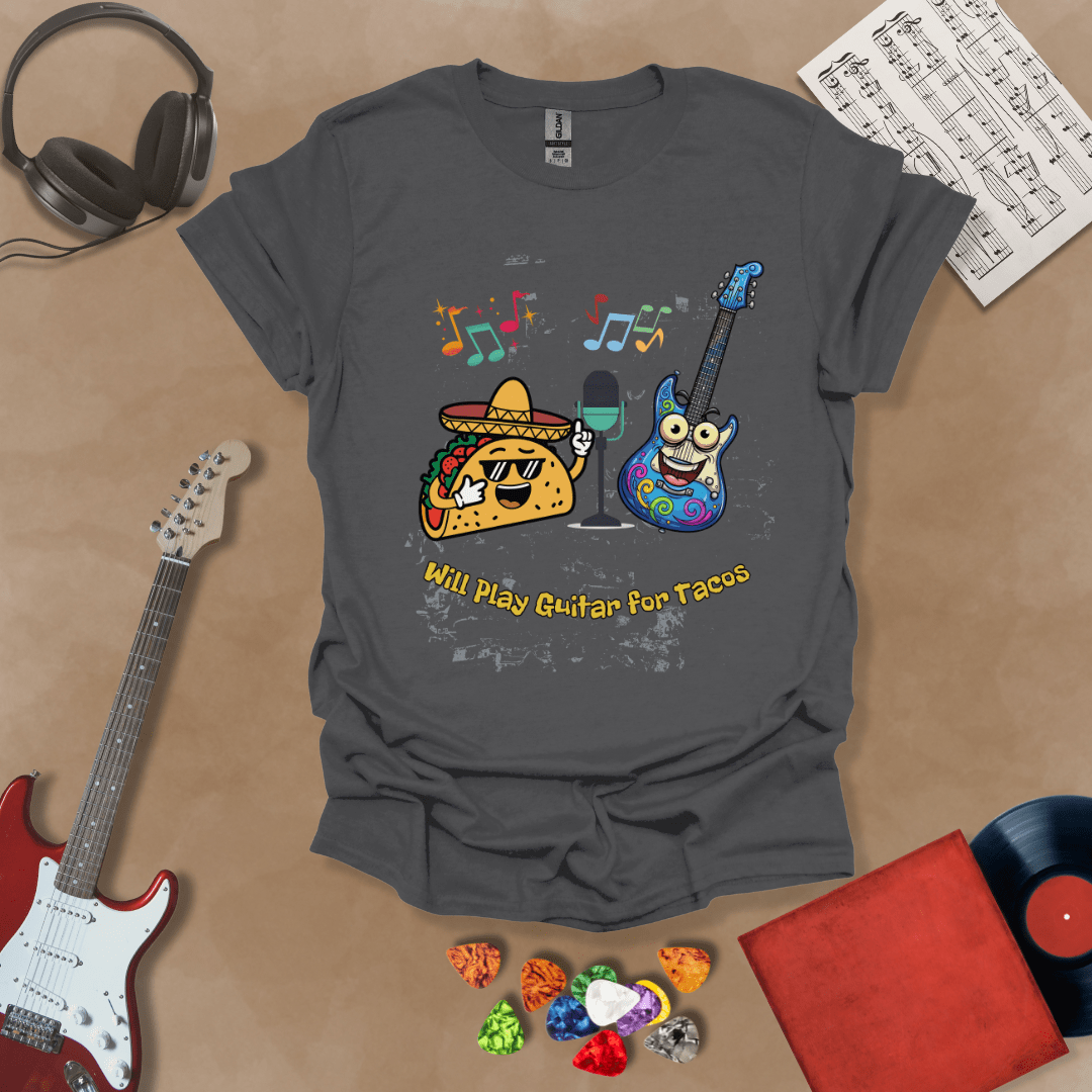 Gray t-shirt with cartoon taco wearing sombrero and sunglasses, psychedelic guitar character, text “Will Play Guitar for Tacos.”