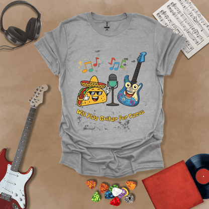 Gray t-shirt with cartoon taco wearing sombrero and sunglasses, psychedelic guitar character, text “Will Play Guitar for Tacos.”