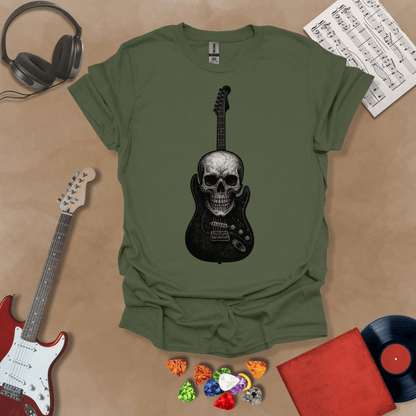 Green t-shirt with skull and guitar graphic