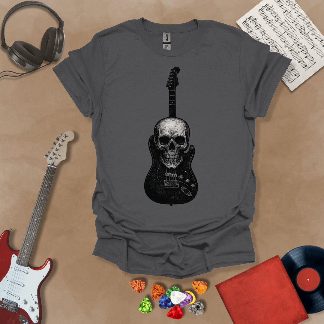 Charcoal t-shirt with skull and guitar graphic