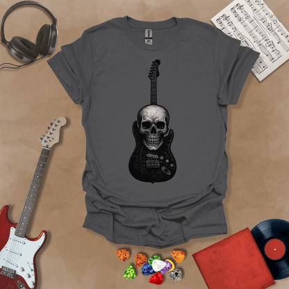 Charcoal t-shirt with skull and guitar graphic