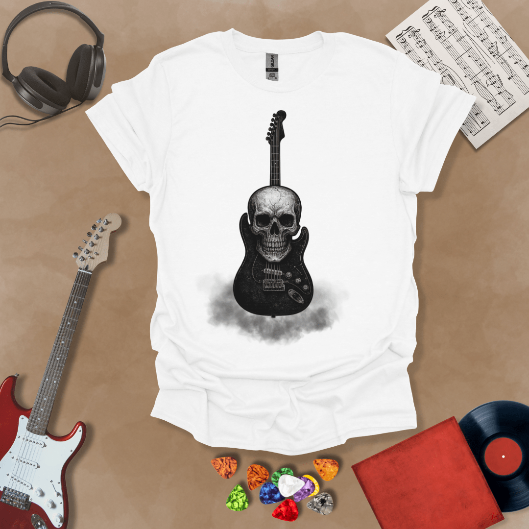 White t-shirt with skull and guitar and smoke graphic