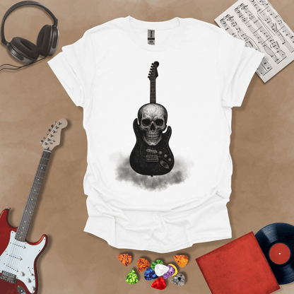 White t-shirt with skull and guitar and smoke graphic