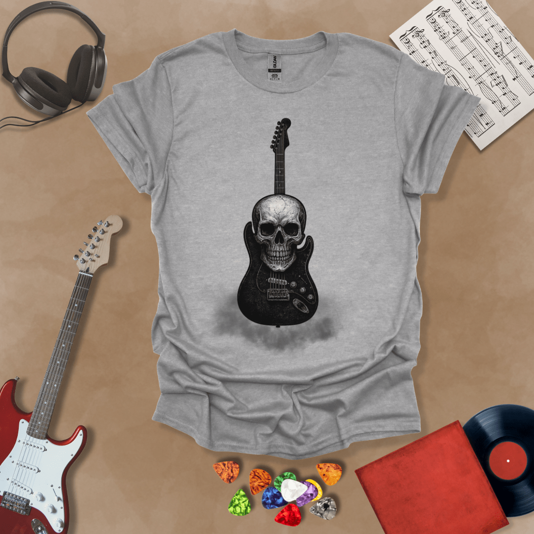 Gray t-shirt with skull and guitar smoke graphic