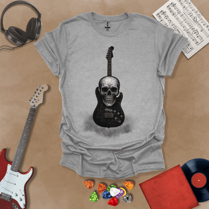 Gray t-shirt with skull and guitar smoke graphic