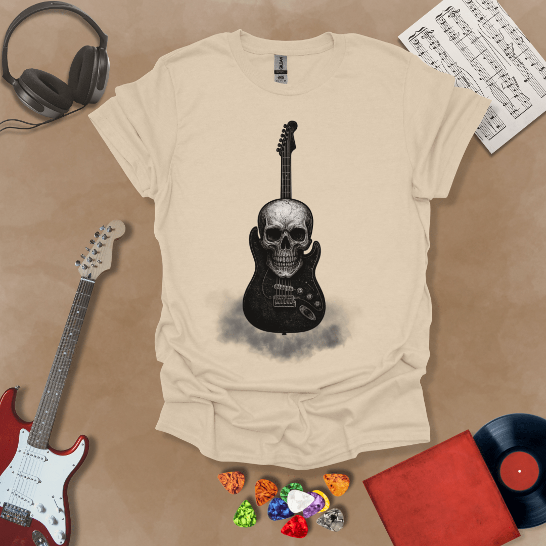 Beige t-shirt with skull and guitar and smoke graphic