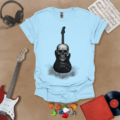 Light blue t-shirt with skull and guitar and smoke graphic